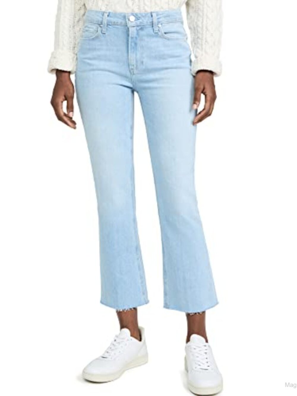 High Rise Cropped Flare Jeans Raw Hem Distressed Stretch Denim